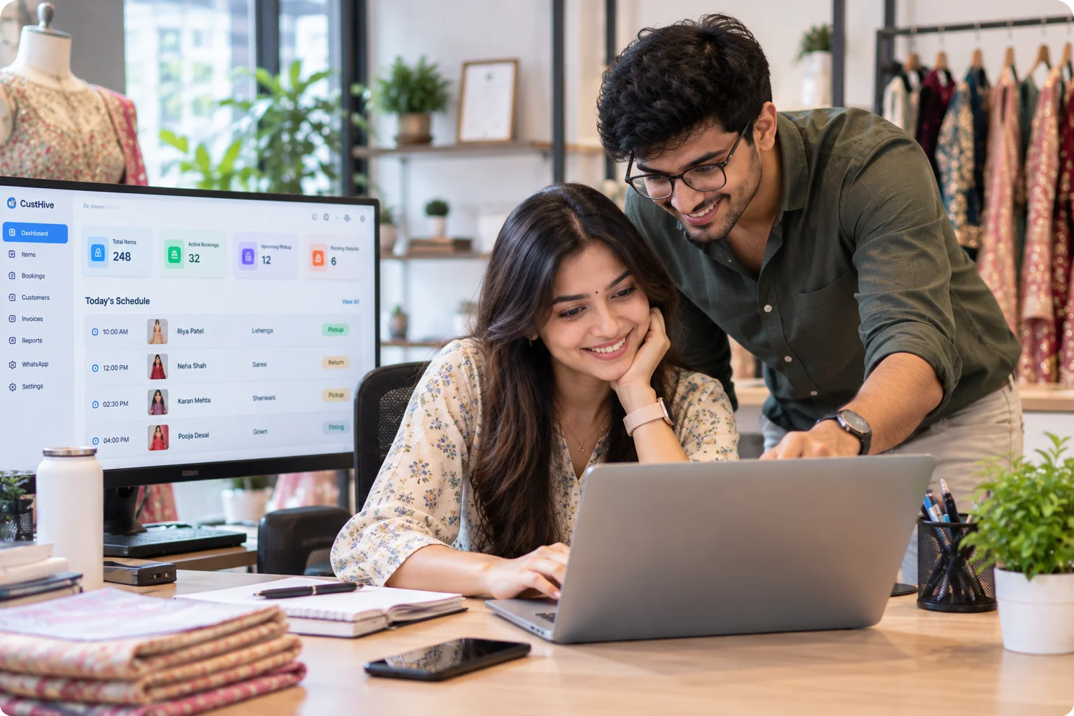 Two boutique staff reviewing the day's pickup and return schedule on the CustHive dashboard