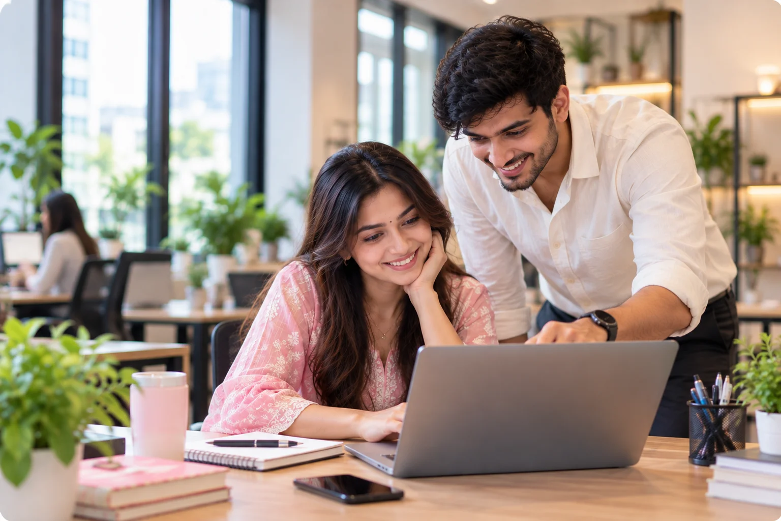 Two boutique colleagues looking at CustHive together on a laptop